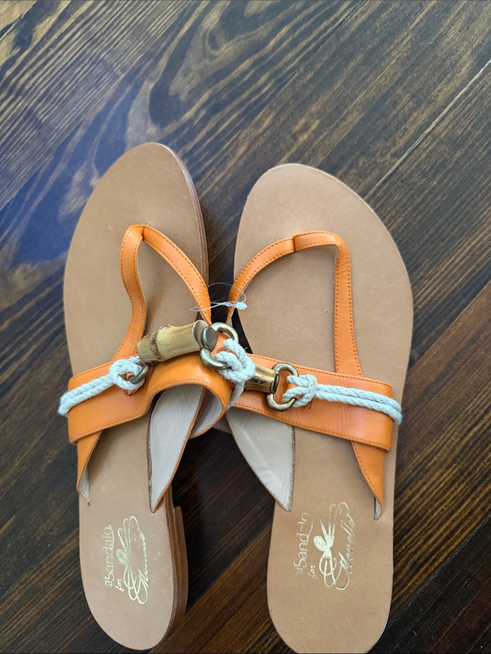 Isabella Fiore Orange Leather Rope-Accent Thong Sandals